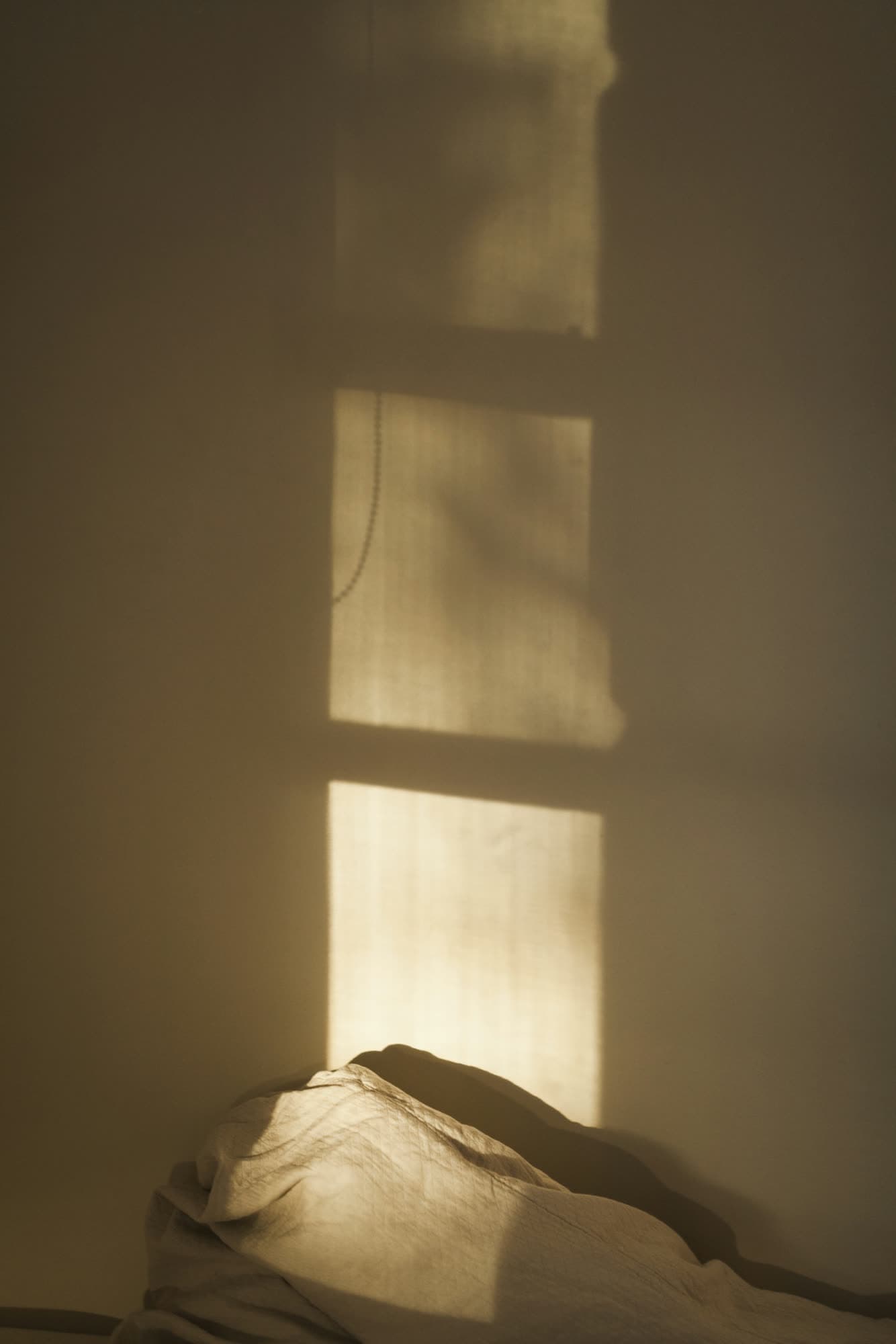 Low golden evening light making a window-shaped patch on a warm wall.