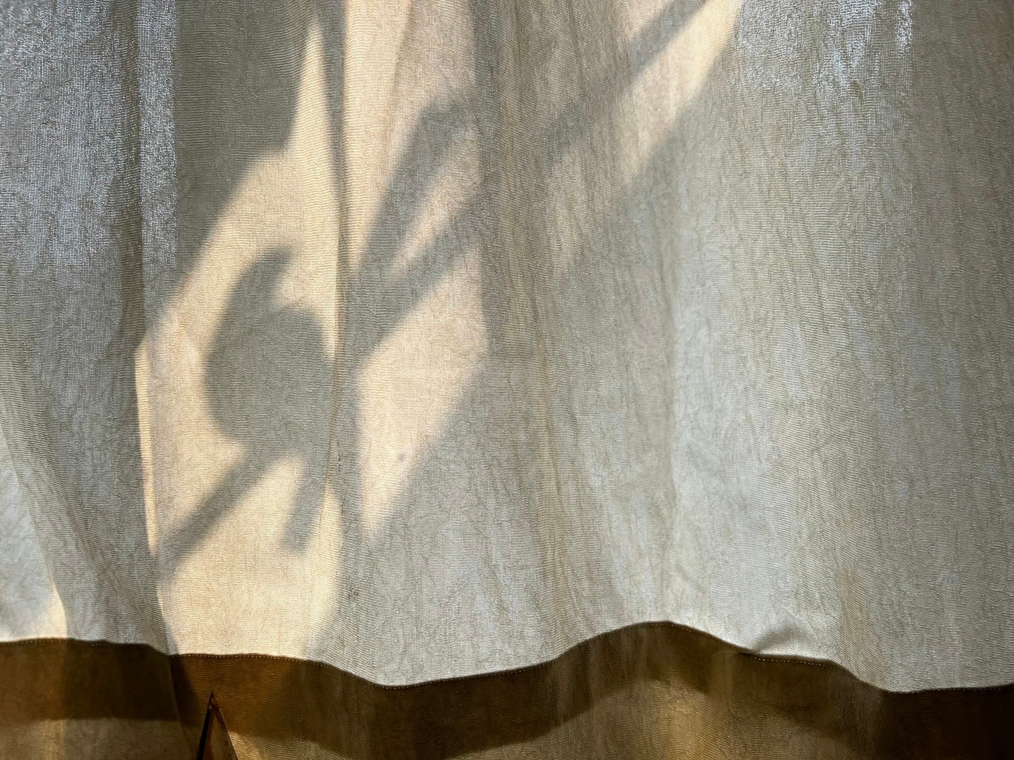 Early light through a linen curtain, the shadow of leaves moving across the folds.